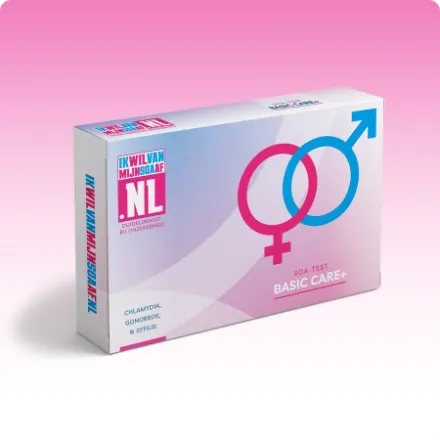 Verpakking van de Basic Care+ 3 in 1, de soa-thuistest van ikwilvanmijnsoaaf.nl